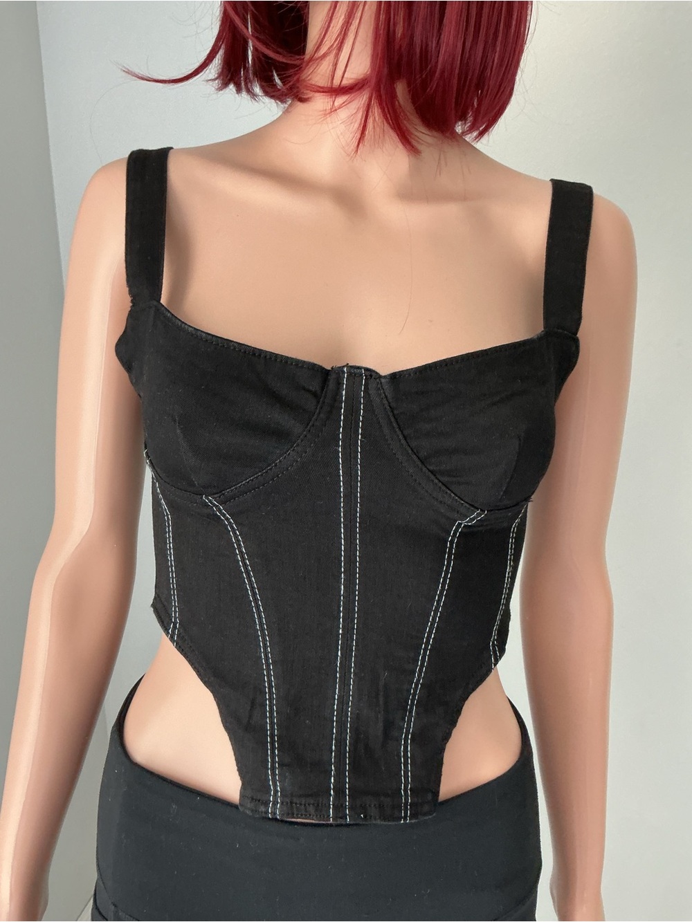 Zara Black Corset Crop Top with Contrast Stitching - Picture 4 of 15